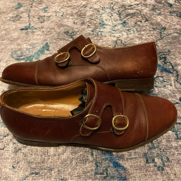 Santoni 15617  02 Brown Pebbled Leather Plain Toe Double Monk Strap Size 8.5D main image 6